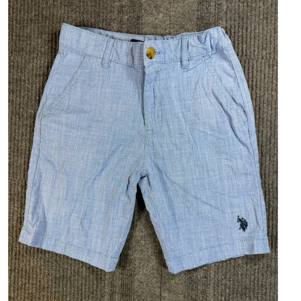 US Polo Assn Boys Blue Micro Check Chino Shorts Size 10 Adjustable Waist Stretch